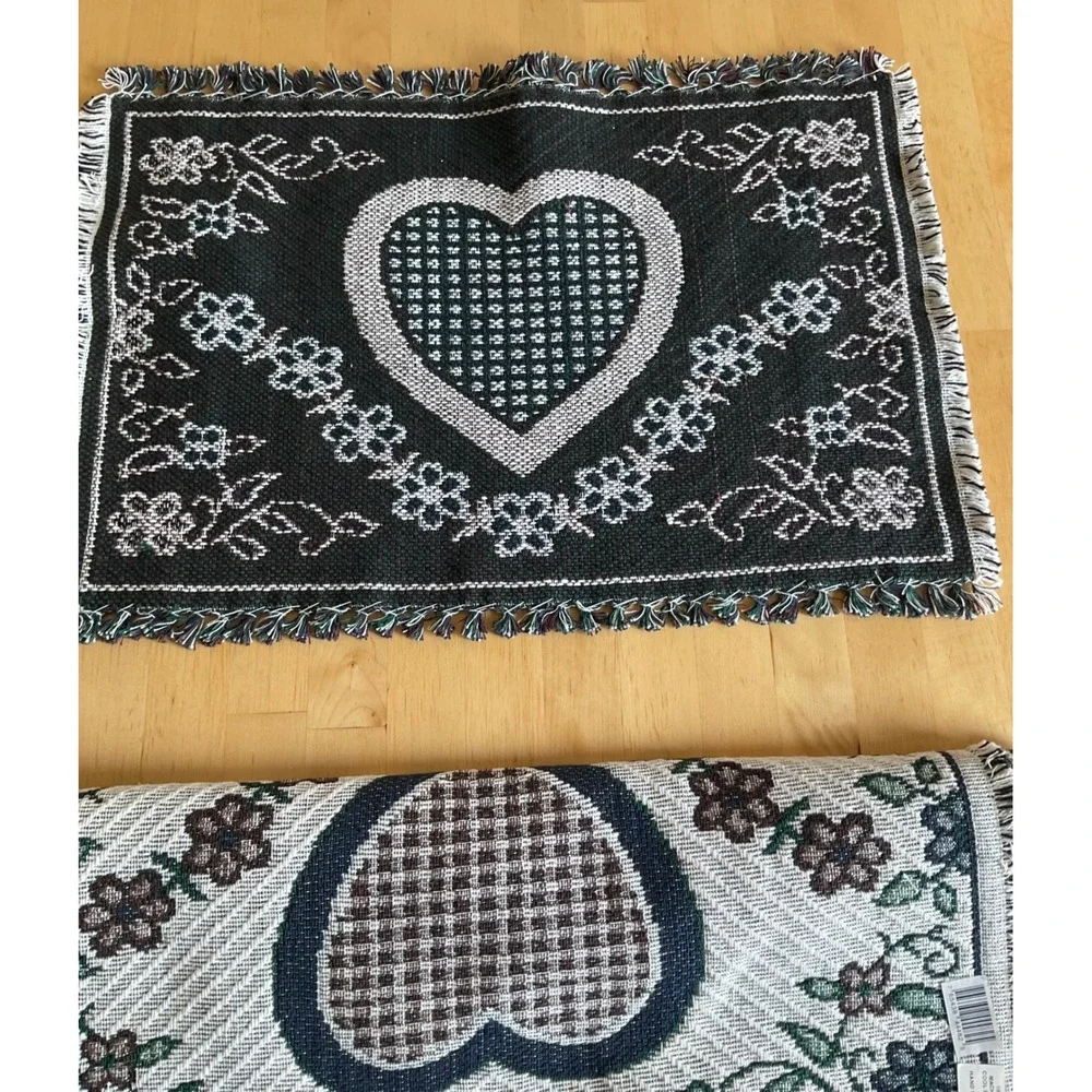 Set of 4 Woven Cotton Heart Floral Placemats Reversible Farmhouse Fringed India